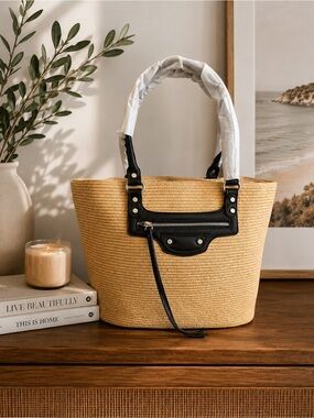 Straw Tote Bag with Black Trim - Fashion Women Bag